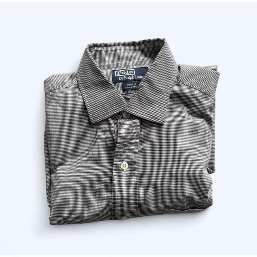 Vintage 90s Polo Ralph Lauren PHILIP Button Down Shirt Gingham Check Gray Black